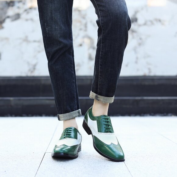 Green White 1920\'s Wingtip Lace up Oxford Dress Shoes